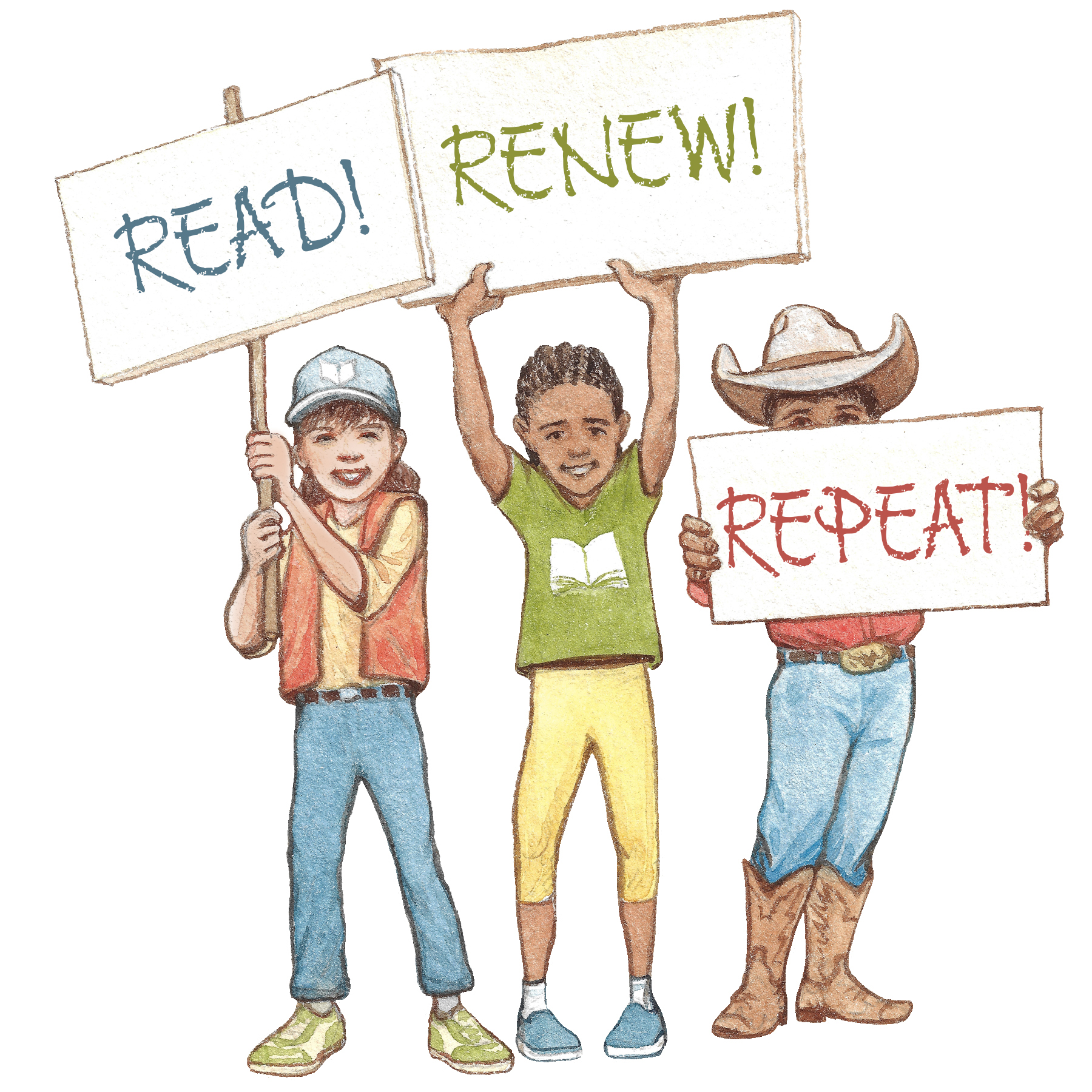 Cartoon color illustration of three children standing each holding a sign that says Read!, Renew!, Repeat!