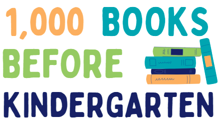 Colorful text; yellow, teal, bright green and dark blue, used to write 1,000 Books Before Kindergarten. Includes a clip art stack of books next to the text.