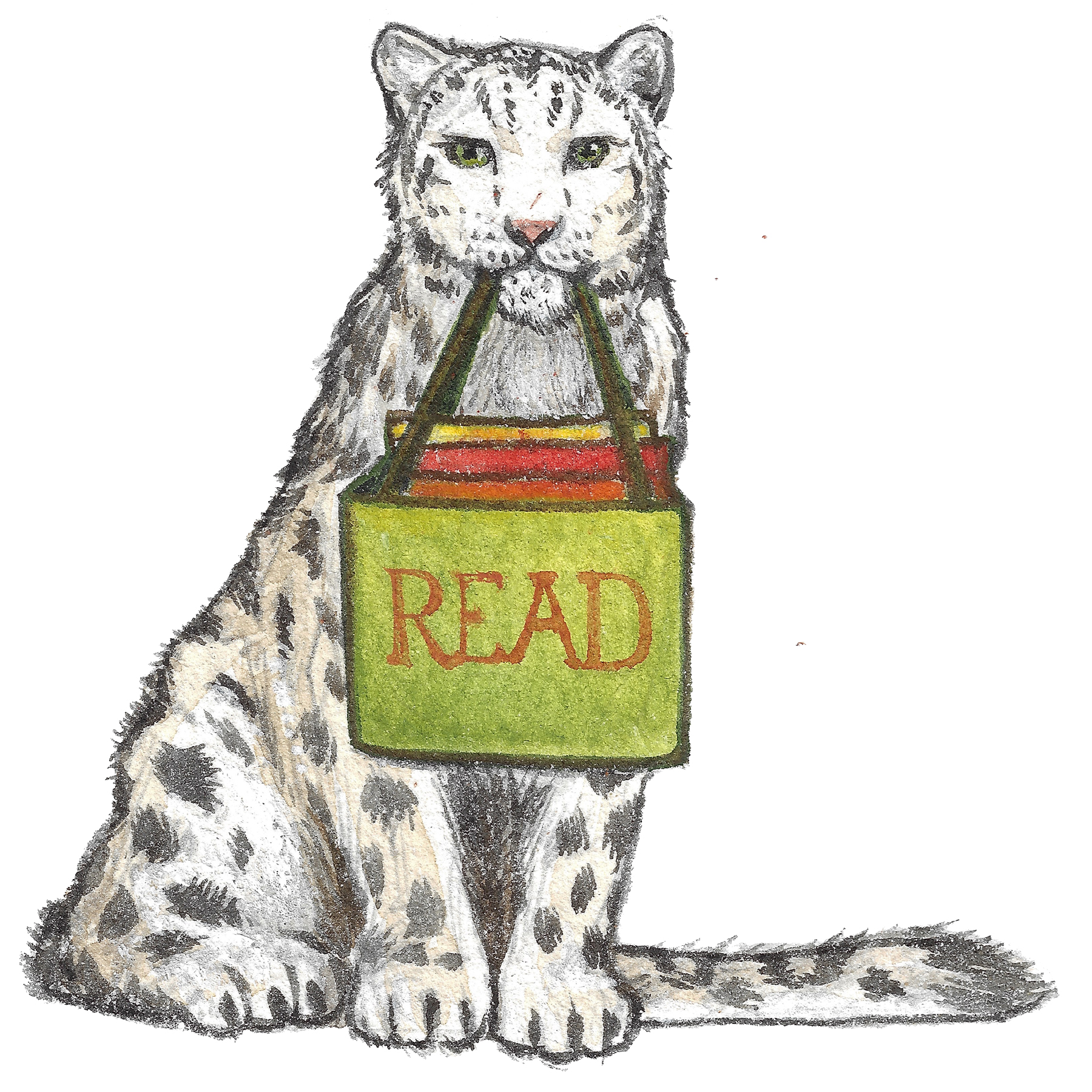 Illustrated Snow Leopard holding a green book bag that says READ