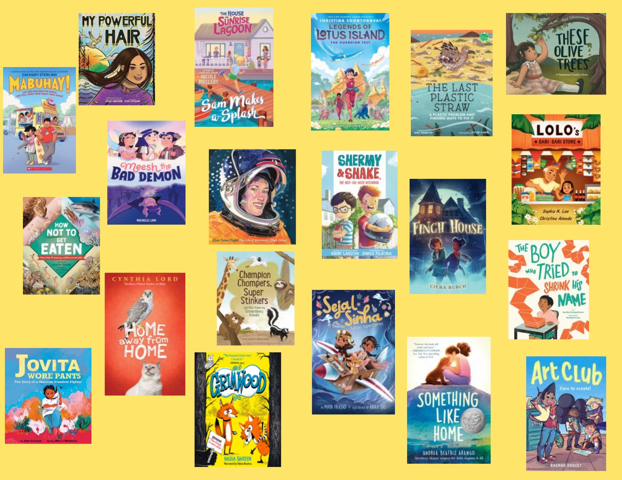 Photo collage of the fifteen books covers of the Rhode Island Children's Book Award Nominees on a yellow background. Each book cover includes title of book, author and illustrator. 