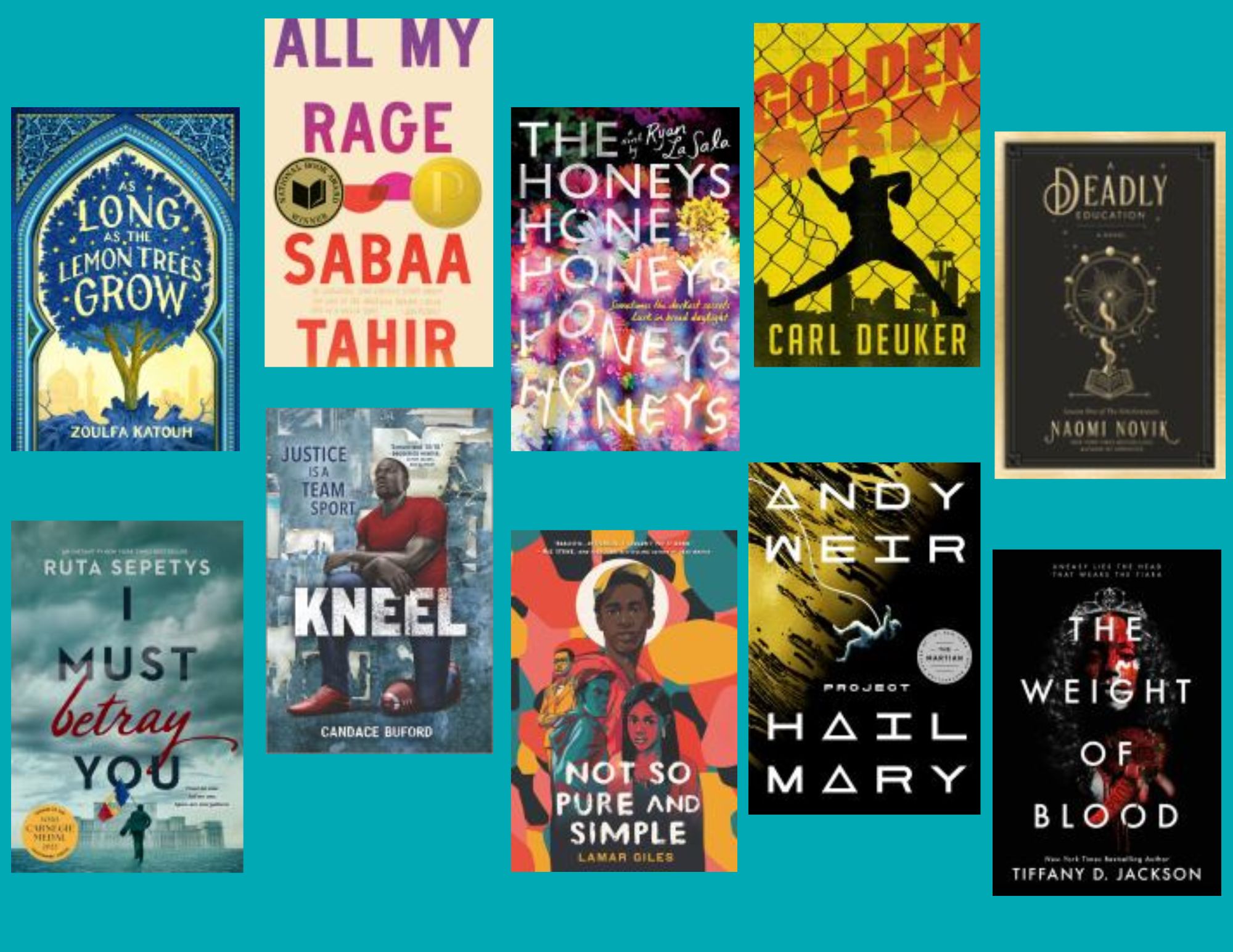 Photo collage of the ten Connecticut Nutmeg High School Nominees. Book covers include book titles, and author. The collage has a turquoise back ground. 