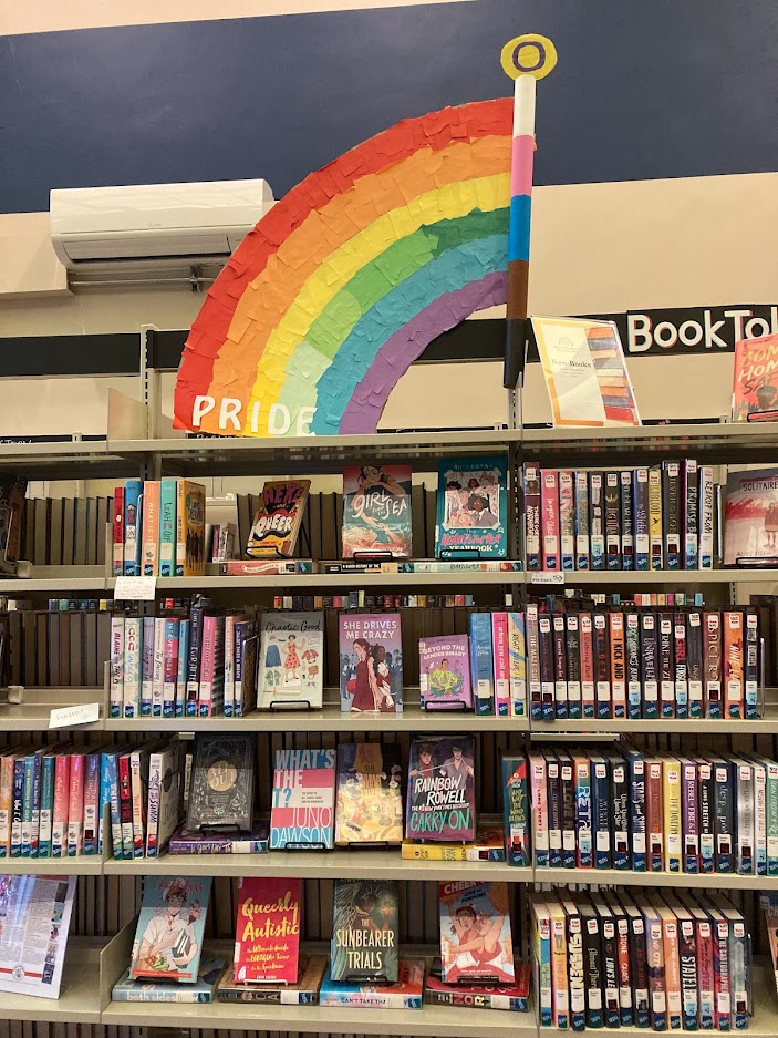 Pride book display in Teen Space