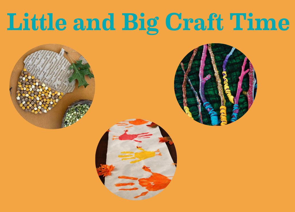 Orange background with teal colored text. Three photos in circles of acorn craft, wands and table runner.