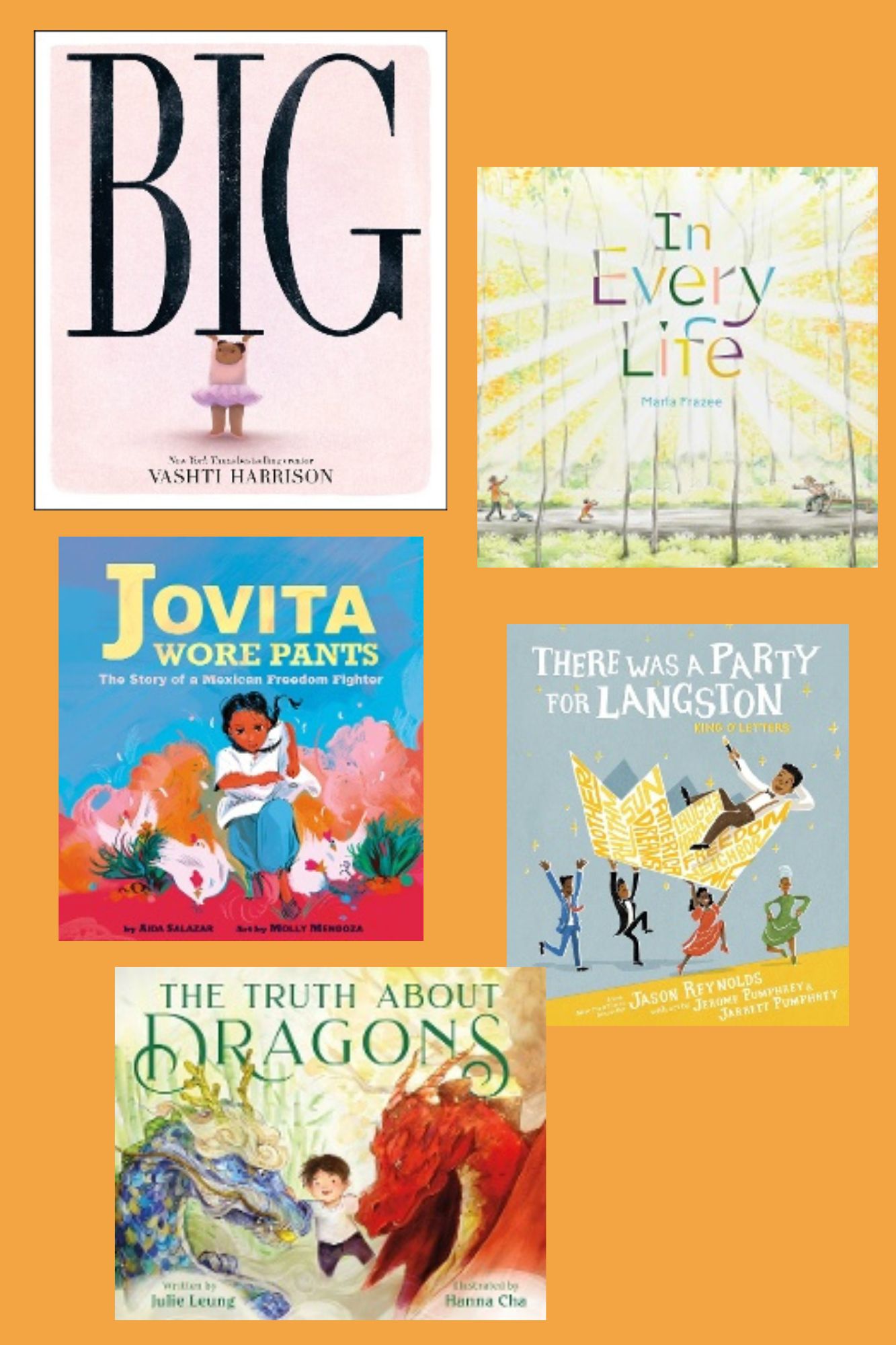 Five covers of the 2024 Caldecott Award Winner. Each cover includes the title and author and illustrator names. The covers are displayed on a gold background.