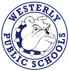 Blue and white outline of the Westerly High School Bulldog Mascot in a circle. Blue text around the circle reads Westerly Public Schools