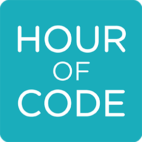 Image of a teal square logo that reads Hour of Code