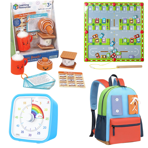 images of different kids sensory toys and backpack