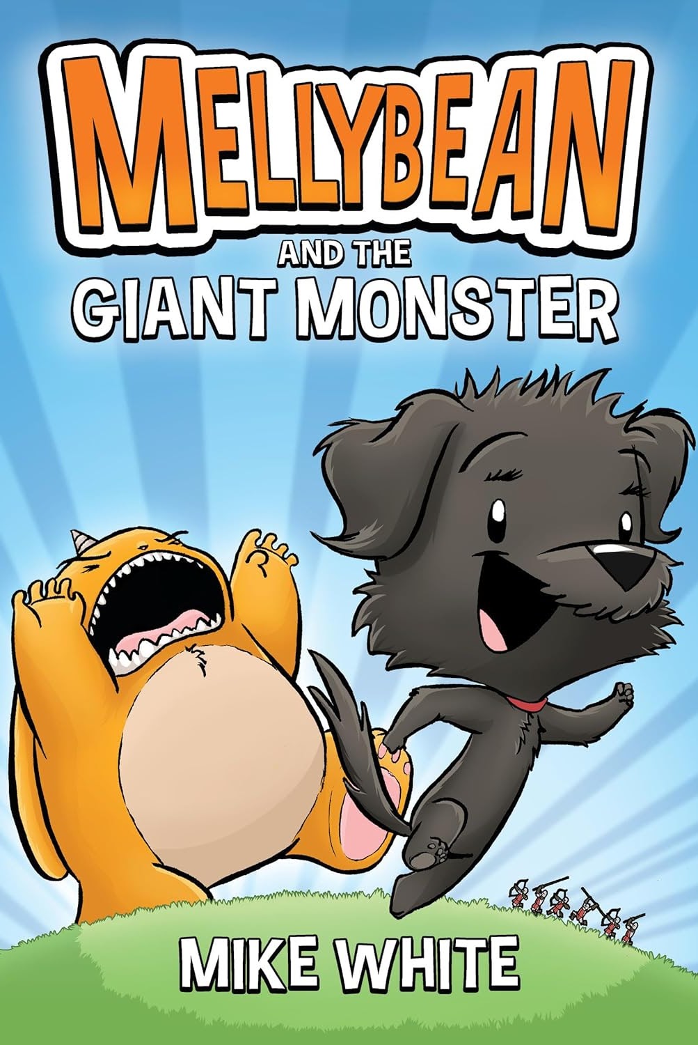 Book cover of the 2024 Nutmeg Elementary winner. A gray dog is running upright away from a cartoon dinosaur, the background is shades of blue and white